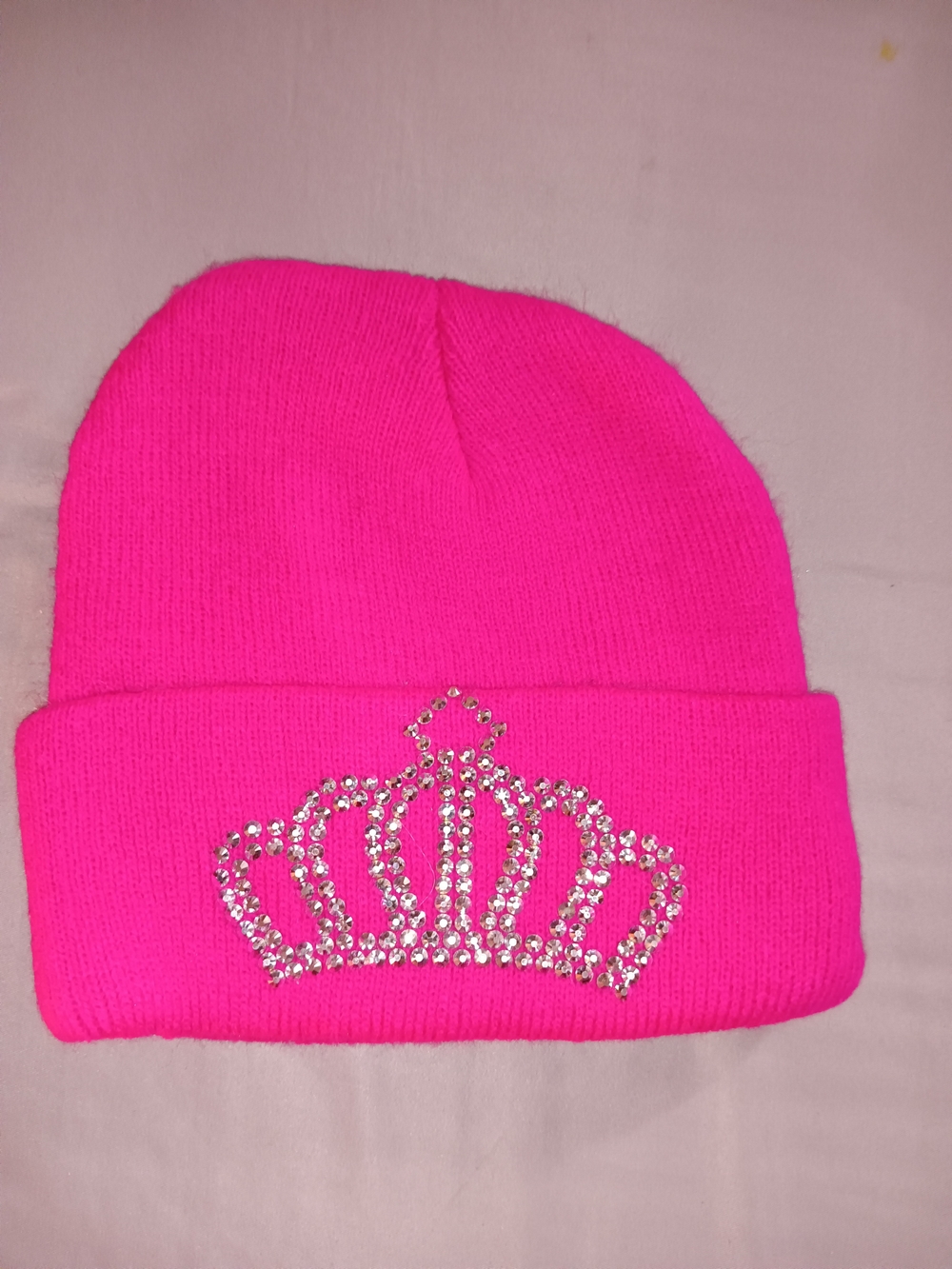 Hot Pink Kids Knit Beanie with Rhinestone Crown